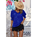 V Neck Half Sleeve Chiffon Ruffle Loose Blouse - MVTFASHION.COM