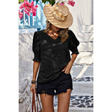 V Neck Half Sleeve Chiffon Ruffle Loose Blouse - MVTFASHION.COM