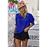 V Neck Half Sleeve Chiffon Ruffle Loose Blouse - MVTFASHION.COM