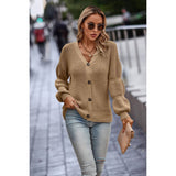 V Neck Knit Solid Front Button Strip Loose Sweater - MVTFASHION