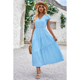 V Neck Long Poplin Dress With Flounces - MVTFASHION.COM