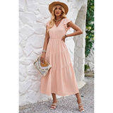 V Neck Long Poplin Dress With Flounces - MVTFASHION.COM