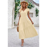 V Neck Long Poplin Dress With Flounces - MVTFASHION.COM