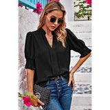 V Neck Ruched Sleeves Solid Loose Fit Blouse - MVTFASHION.COM