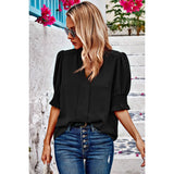 V Neck Ruched Sleeves Solid Loose Fit Blouse - MVTFASHION.COM