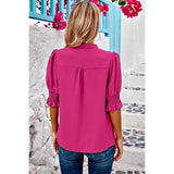 V Neck Ruched Sleeves Solid Loose Fit Blouse - MVTFASHION.COM