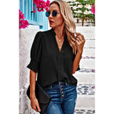 V Neck Ruched Sleeves Solid Loose Fit Blouse - MVTFASHION.COM