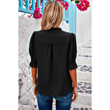 V Neck Ruched Sleeves Solid Loose Fit Blouse - MVTFASHION.COM