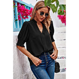 V Neck Ruched Sleeves Solid Loose Fit Blouse - MVTFASHION.COM