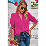 V Neck Ruched Sleeves Solid Loose Fit Blouse - MVTFASHION.COM