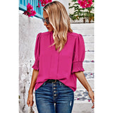 V Neck Ruched Sleeves Solid Loose Fit Blouse - MVTFASHION.COM