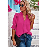 V Neck Ruched Sleeves Solid Loose Fit Blouse - MVTFASHION.COM