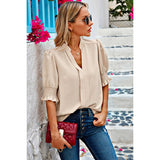 V Neck Ruched Sleeves Solid Loose Fit Blouse - MVTFASHION.COM