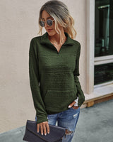 Women Long Sleeve V Neck Zipper Up Loose Fit Sweater - MVTFASHION