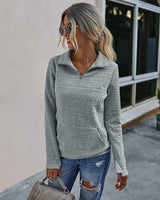 Women Long Sleeve V Neck Zipper Up Loose Fit Sweater - MVTFASHION