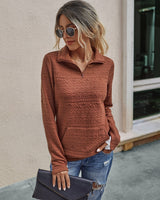 Women Long Sleeve V Neck Zipper Up Loose Fit Sweater - MVTFASHION