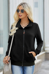 Zipper Front Plaid Solid Long Sleeve Pockets Pullover Women Coat - MVTFASHION